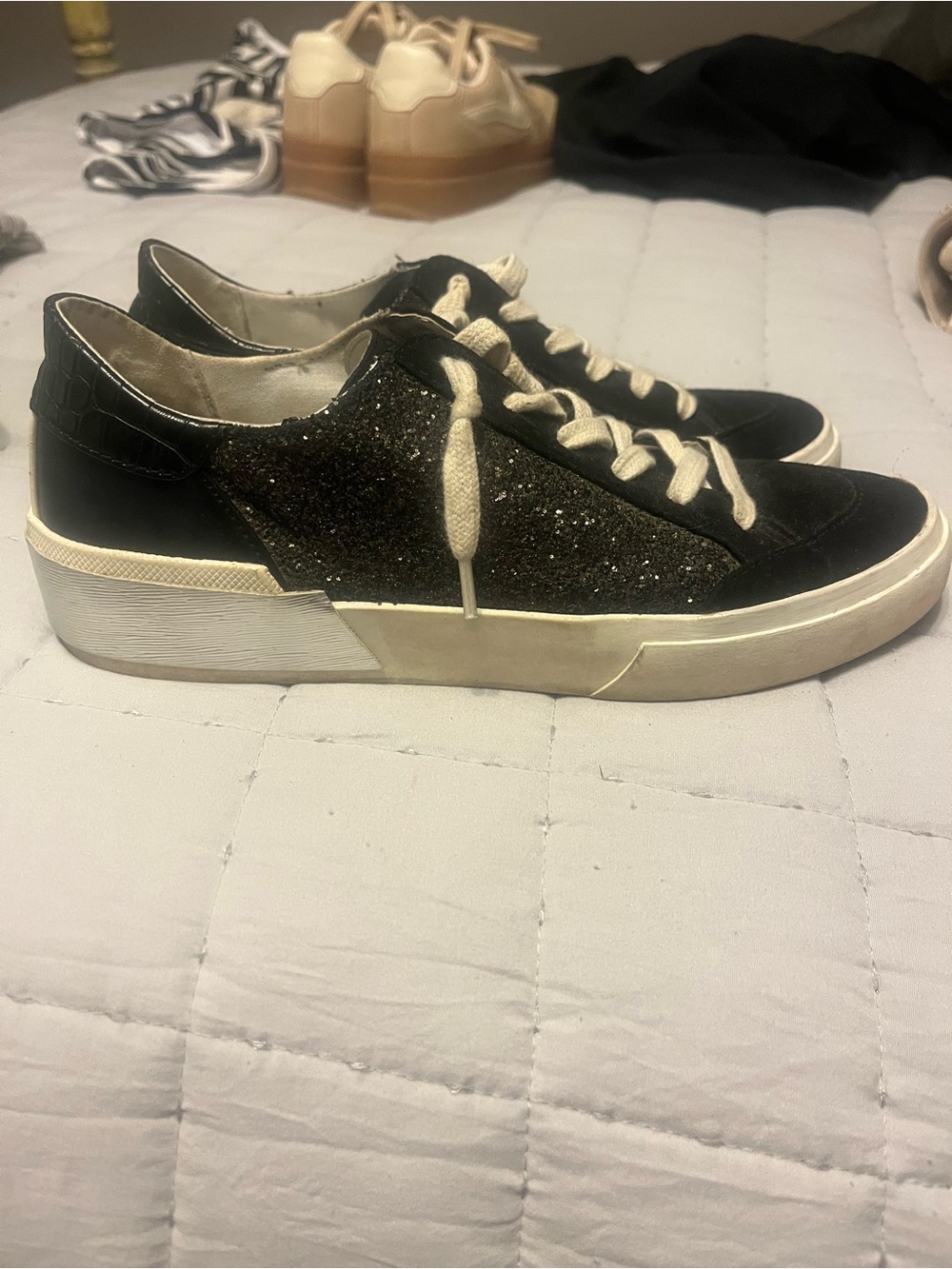 Dolce Vita Black Glitter Low-Top Sneakers with Cream Laces